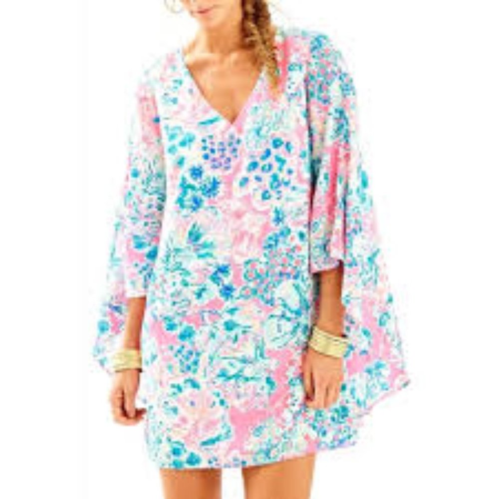 Lilly Pulitzer Miri Silk Caftan Gypsea Cape Multi Colored Pink Dress